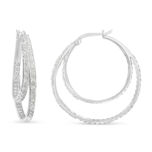 .925 Sterling Silver 1/2 cttw Miracle-Set Diamond Double Hoop with Latchback Earrings (I-J Color, I3 Clarity) - Image 2